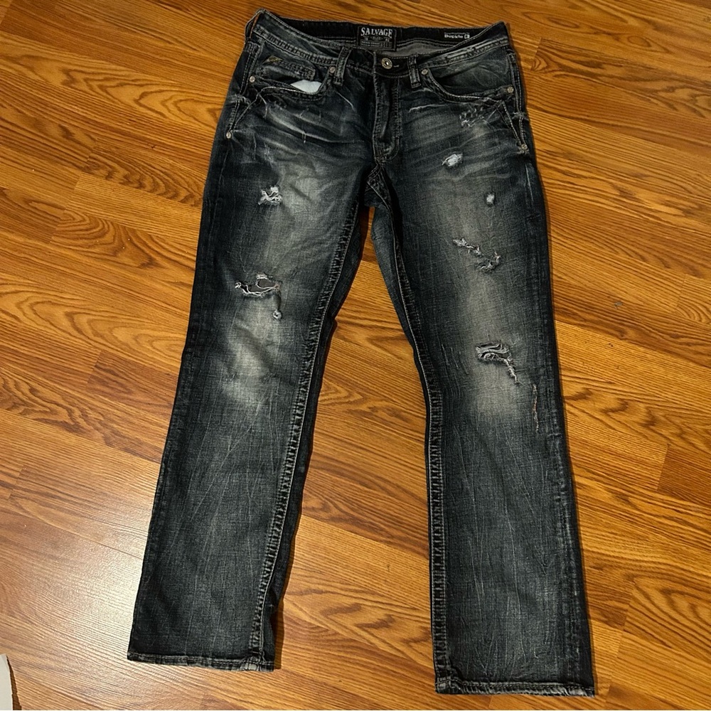 Buckle Brand-Men’s Distressed Salvage Mayhem Straight Blue Jeans